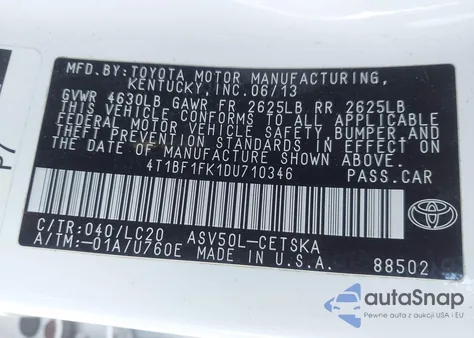 2013 Toyota Camry Se from USA, damaged, VIN 4T1BF1FK1DU710346